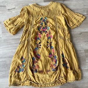 Free People Mustard Dress with Floral Embroidery